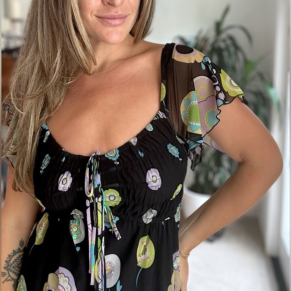 Vintage Y2K Dress Flower Pattern Beaded Flutter Sleeves Medium - Picture 2 of 4